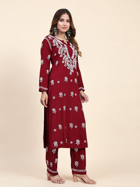 Fizaa Chikankari Long Modal Kurta Set - Maroon